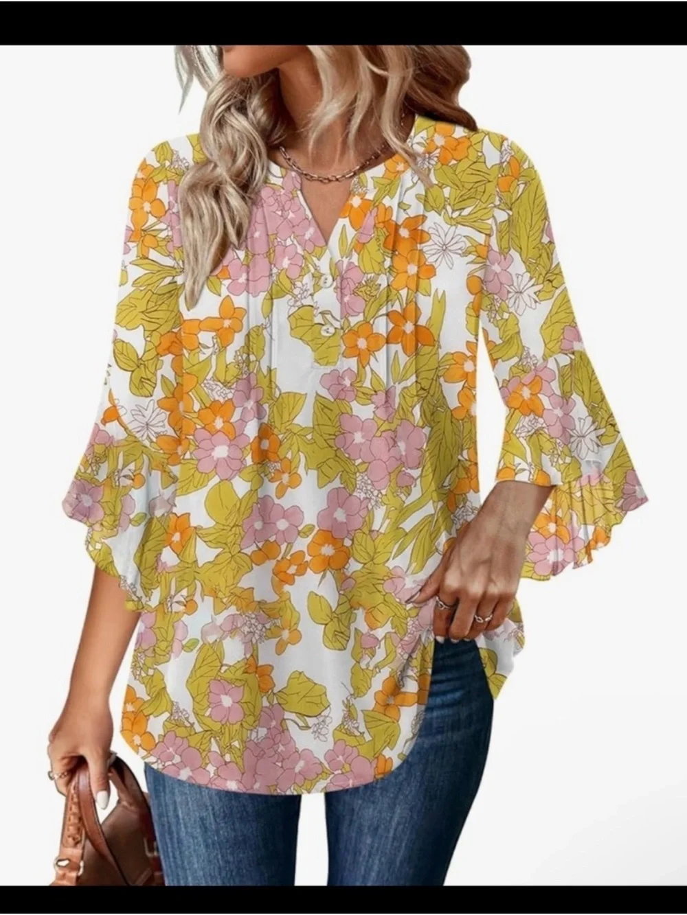 Floral V-Neck Ruffle Sleeve Blouse - White with Pink & Orange Floral Print - Picture 2 of 3